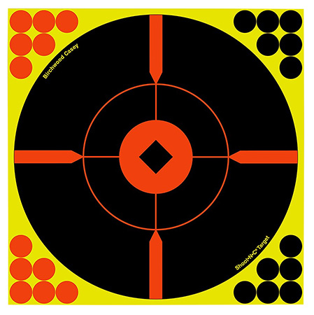[029057348507] Birchwood Casey 34850 Shoot-N-C Reactive Target Self-Adhesive Paper Black/Yellow/Red 8" Bullseye BMW 50 Pack