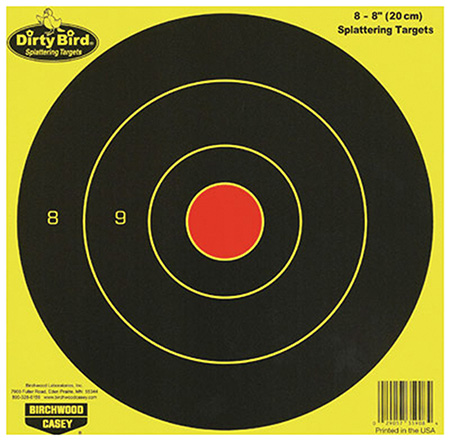 [029057359084] Birchwood Casey 35908 Dirty Bird  8" Bullseye Paper Hanging Universal Black/Yellow 8 Per Pkg
