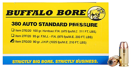 [651815027074] Buffalo Bore Ammunition 27G20 Standard Pressure Strictly Business 380ACP 90gr Jacket Hollow Point 20 Per Box/12 Case