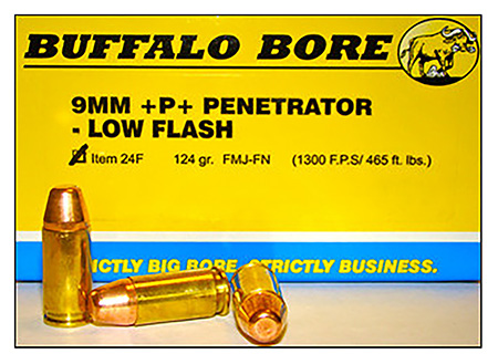 [651815024066] Buffalo Bore Ammunition 24F20 Penetrator Strictly Business 9mmLuger +P+ 124gr Full Metal Jacket Flat Nose 20 Per Box/12 Case