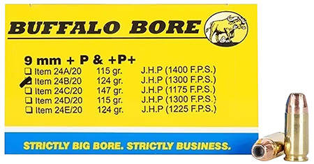 [651815024028] Buffalo Bore Ammunition 24B20 Personal Defense Strictly Business 9mmLuger +P+ 124gr Jacket Hollow Point 20 Per Box/12 Case
