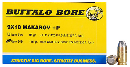 [651815034027] Buffalo Bore Ammunition 34B20 Personal Defense Strictly Business 9x18Makarov +P 115gr Hard Cast Flat Nose 20 Per Box/12 Case