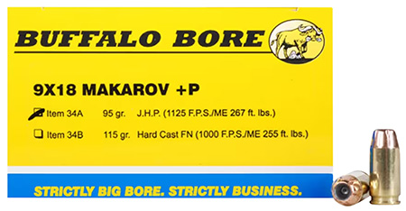 [651815034010] Buffalo Bore Ammunition 34A20 Personal Defense Strictly Business 9x18Makarov +P 95gr Jacket Hollow Point 20 Per Box/12 Case
