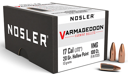 [054041172059] Nosler 17205 Varmageddon  17Cal 20gr Flat Base Hollow Point 100/Box