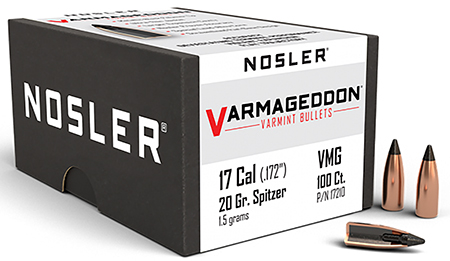 [054041172103] Nosler 17210 Varmageddon  17Cal 20gr Flat Base Tipped 100/Box