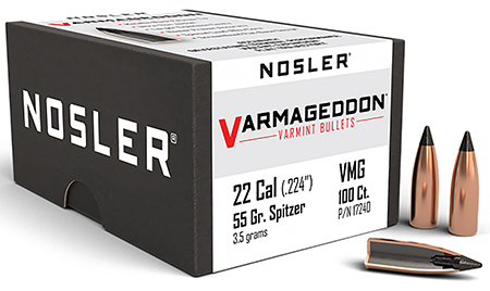 [054041172400] Nosler 17240 Varmageddon  22Cal 55gr Flat Base Tipped 100/Box