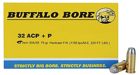 [651815030012] Buffalo Bore Ammunition 30A20 Personal Defense Strictly Business 32ACP +P 75gr Hard Cast Flat Nose 20 Per Box/12 Case