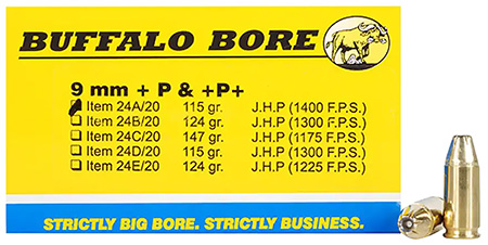 [651815024011] Buffalo Bore Ammunition 24A20 Personal Defense Strictly Business 9mmLuger +P+ 115gr Jacket Hollow Point 20 Per Box/12 Case