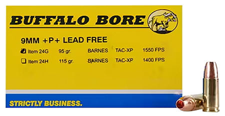 [651815024073] Buffalo Bore Ammunition 24G20 Buffalo-Barnes Strictly Business 9mmLuger +P+ 95gr Barnes TAC-XP Lead Free 20 Per Box/12 Case