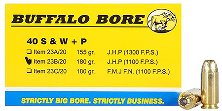 [651815023021] Buffalo Bore Ammunition 23B20 Heavy Strictly Business 40S&W +P 180gr Jacket Hollow Point 20 Per Box/12 Case