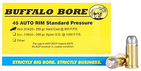 [651815031019] Buffalo Bore Ammunition 31A20 Standard Pressure Strictly Business 45Auto Rim 255gr Hard Cast Flat Nose 20 Per Box/12 Case