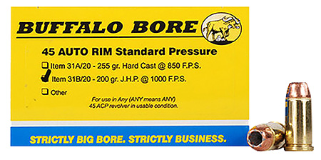 [651815031026] Buffalo Bore Ammunition 31B20 Standard Pressure Strictly Business 45Auto Rim 200gr Jacket Hollow Point 20 Per Box/12 Case