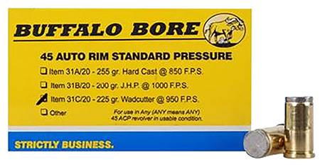 [651815031033] Buffalo Bore Ammunition 31C20 Standard Pressure Strictly Business 45Auto Rim 225gr Wadcutter 20 Per Box/12 Case