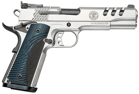 [022188703436] Smith  &  Wesson 170343 1911 Performance Center  45 ACP 5" Throated Barrel 8+1, Matte Stainless Steel Frame  &  Ported Slide, G10 Custom Wood Grip, Ambidextrous Manual Safety