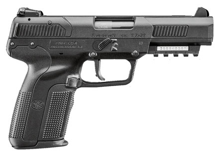 [845737003326] FN 3868929302 Five-seveN *CA Compliant 5.7x28mm 10+1 4.80" Black Steel Barrel, Black Serrated Steel Slide, Matte Black Polymer Frame w/Picatinny Rail, Black Textured Polymer Grip, Ambidextrous