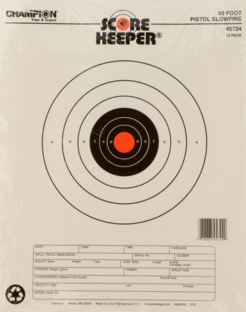 [076683457240] Champion Targets 45724 Score Keeper Slow Fire Bullseye Paper Hanging 50 foot Pistol 11" x 16" Black/Orange 12 PK