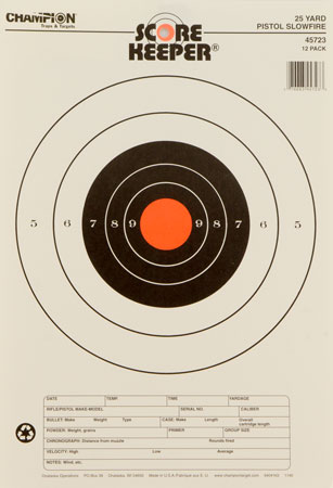 [076683457233] Champion Targets 45723 Score Keeper Slow Fire Bullseye Paper Hanging 25 yds Pistol 11" x 16" Black/Orange 12 PK