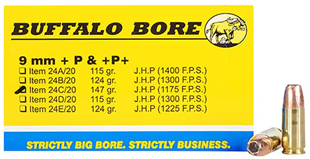 [651815024035] Buffalo Bore Ammunition 24C20 Personal Defense Strictly Business 9mmLuger +P+ 147gr Jacket Hollow Point 20 Per Box/12 Case