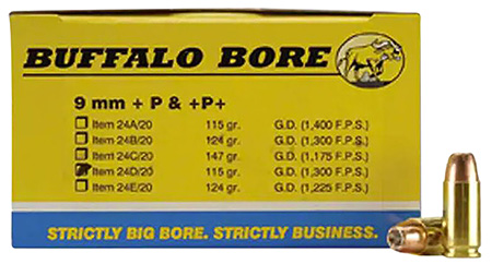 [651815024042] Buffalo Bore Ammunition 24D20 Personal Defense Strictly Business 9mmLuger +P 115gr Jacket Hollow Point 20 Per Box/12 Case