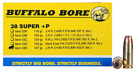 [651815033051] Buffalo Bore Ammunition 33E20 Personal Defense Strictly Business 38Super +P 147gr Jacket Hollow Point 20 Per Box/12 Case