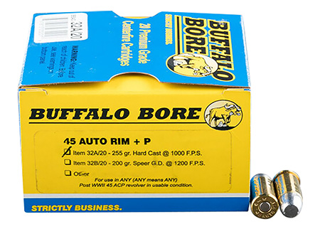 [651815032016] Buffalo Bore Ammunition 32A20 Personal Defense Strictly Business 45Auto Rim +P 255gr Hard Cast Flat Nose 20 Per Box/12 Case
