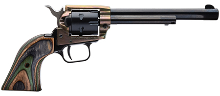 [727962503805] Heritage Mfg RR22MCH6 Rough Rider  22 LR/22 WMR 6 Shot, 6.50" Black Steel Barrel  &  Cylinder, Simulated Case Hardened Zinc Alloy Frame, Camo Laminate Grip, Hammer/Thumb Safety, Exposed Hammer