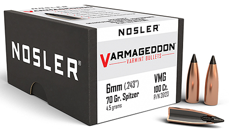 [054041261234] Nosler 26123 Varmageddon  6mm 70gr Flat Base Tipped 100/Box