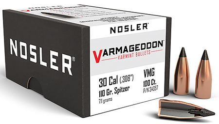 [054041340571] Nosler 34057 Varmageddon  30Cal 110gr Flat Base Tipped 100/Box