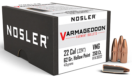 [054041365222] Nosler 36522 Varmageddon  22Cal 62gr Flat Base Hollow Point 250/Box
