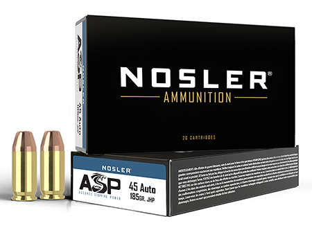 [054041512718] Nosler 51271 Assured Stopping Power Handgun 45ACP 185gr Jacketed Hollow Point 50 Per Box/10 Case
