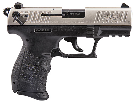 [723364200342] Walther Arms 5120336 P22 *CA Compliant 22 LR 10+1 3.42" Nickel Serrated/Steel Slide, Black Polymer Frame w/Picatinny Rail, Black Interchangeable Backstrap Grips