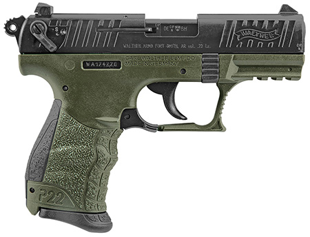 [723364200373] Walther Arms 5120338 P22 Military *CA Compliant 22 LR 10+1 3.42" Matte Black Tenifer Serrated/Steel Slide, OD Green Polymer Frame w/Picatinny Rail, OD Green Interchangeable Backstrap Grips