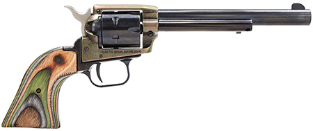 [727962503829] Heritage Mfg RR22CH6 Rough Rider  22 LR 6 Shot, 6.50" Black Oxide Steel Barrel, Simulated Case Hardened Zinc Alloy Frame, Black Oxide Cylinder, Camo Laminate Grip, Manual Safety, Exposed Hammer