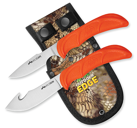 [743404201450] Outdoor Edge WR1C WildPair  2.50"/4" Fixed Gut Hook/Caper Plain/Gut Hook 420J2 Stainless Steel Blade TPR Blaze Orange Handle