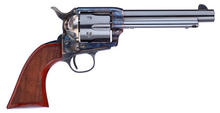 [839665002919] Taylors  &  Company 556209DE Short Stroke Gunfighter Uberti 357 Mag 6 Shot 5.50" Blued Round Barrel  &  Cylinder, Color Case Hardened Steel Frame, Walnut Checkered Army Style Grip, Exposed Hammer