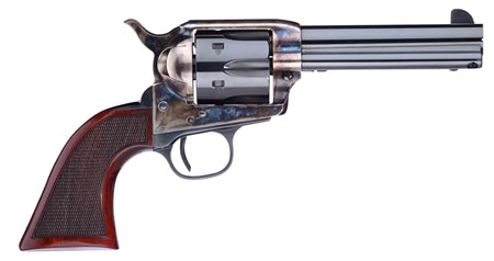 [839665008584] Taylors  &  Company 556204DE Short Stroke Smoke Wagon  357 Mag 6rd 4.75" Blued Cylinder  &  Barrel Color Case Hardened Steel Frame Checkered Walnut Navy Size Grip (Taylor Tuned)