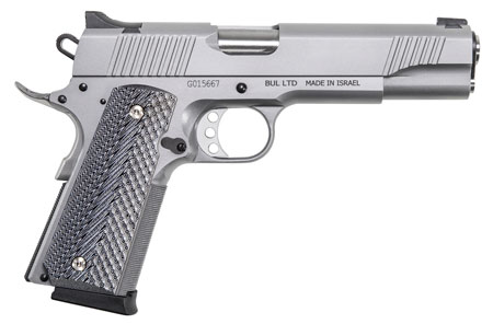[761226087137] Magnum Research DE1911GSS 1911G  45 ACP 8+1, 5.01" Stainless Steel Bull Barrel, Matte Stainless Steel Serrated Slide  &  Frame w/Beavertail, Black/Gray G10 Grip, Grip Safety, Right Hand