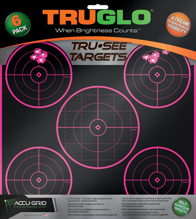 [788130019078] TruGlo TG11P6 Tru-See 5-Bull Target Self-Adhesive Heavy Paper Black/Pink 12"x12" 6 Pack