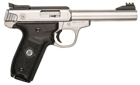 [022188864076] Smith  &  Wesson 108490 SW22 Victory Full Size Frame 22 LR 10+1, 5.50" Silver Match Grade Barrel, Satin Serrated Slide  &  Frame, Black Textured Grip, Thumb Safety