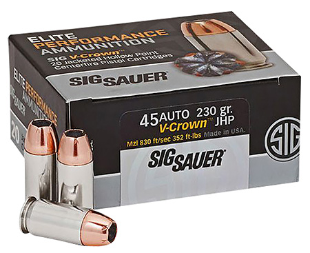 [798681501687] Sig Sauer E45AP220 Elite Performance  45ACP 230gr V-Crown Jacketed Hollow Point 20 Per Box/10 Case