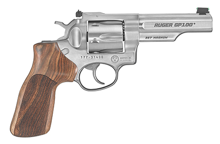 [736676017553] Ruger 1755 GP100 Match Champion Medium Frame 357 Mag 6rd 4.20" Satin Stainless Steel Half-Lug Barrel, Cylinder  &  Frame, Hogue Stippled Hardwood Grip, Transfer Bar Safety