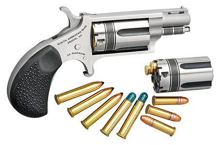 [744253002311] North American Arms 22MSCTW Wasp  22 LR 22 WMR 5 Shot 1.13" Stainless Steel Vent Rib Barrel, Stainless Frame  &  Cylinder, Black Pebbled Rubber Grip, Exposed Hammer