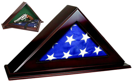 [797053001503] Peace Keeper PFC Patriot Flag Case  Key Entry Mahogany Stain Wood Holds 1 Handgun 22" W x 4.25" D x 11.50" H
