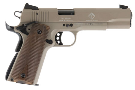 [813393018442] GSG GSG2210M1911T 1911  22 LR 10+1 5" Threaded Barrel, Tan Serrated Slide  &  Zinc Alloy w/Beavertail Frame, Double Diamond Walnut Grip