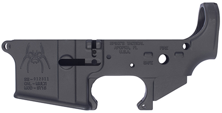 [855319005037] Spikes STLS018 Spider Stripped Lower Receiver with Fire  &  Safe Markings Multi-Caliber 7075-T6 Aluminum Black Anodized for AR-15