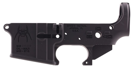 [855319005044] Spikes STLS019 Spider Stripped Lower Receiver with Billet Markings Multi-Caliber 7075-T6 Aluminum Black Anodized for AR-15
