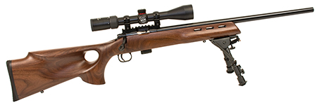 [611613200307] Crickett KSA20030 Model 722 Varmint Package Youth 22 LR 7+1 20" Blued Bull Barrel, Blued Steel Receiver, Fixed Thumbhole Walnut Stock, Includes Simmons 3-9x40mm Scope, Bipod, Case  &  Scope Rings