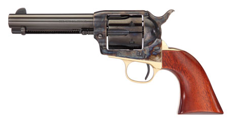 [839665000977] Taylors  &  Company 450DE 1873 Ranch Hand Deluxe 45 Colt (LC) 6rd 4.75" Blued Cylinder  &  Barrel Color Case Hardened Steel Frame Walnut Navy Size Grip (Taylor Tuned)