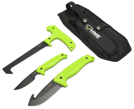 [888151018545] HME KN3PFK 3-Piece Field Kit Fixed 420HC Stainless Steel Black Oxide Thermoplastic Rubber Green 9.50" Gut Hook/8.75" Saw/7.50" Caper