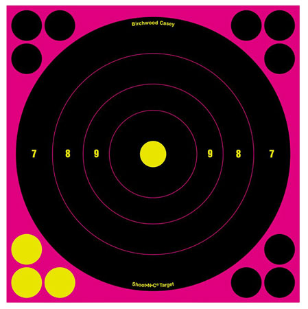 [029057348088] Birchwood Casey 34808 Shoot-N-C Reactive Target Self-Adhesive Paper Black/Pink 8" Bullseye 6 Pack